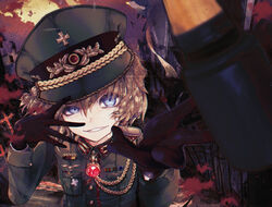  blonde_hair blue_eyes cartridge collared_shirt commentary cross evil_grin evil_smile female gloves grin hair_between_eyes hat highres iron_cross lolicon long_sleeves looking_at_viewer medal military military_hat military_uniform mochimentai peaked_cap ribbon_bar shirt short_hair smile solo tanya_degurechaff uniform youjo_senki 