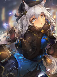  :o absurdres animal_ear_fluff animal_ears arknights bag black_capelet black_gloves black_hat black_skirt blue_dress blurry blurry_background breasts capelet commentary depth_of_field dress female fur-trimmed_capelet fur_trim gloves grey_eyes grey_hair hair_between_eyes hat highres long_hair long_sleeves looking_at_viewer official_alternate_costume parted_lips pramanix_(arknights) pramanix_(caster&#039;s_frost)_(arknights) skirt small_breasts solo tiger_ears trrcmb very_long_hair 