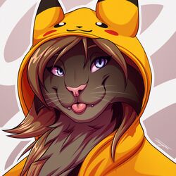  1:1 2020 ambiguous_gender anthro black_body black_fur blue_eyes clothed clothing digital_media_(artwork) domestic_cat felid feline felis fur hi_res kiara_aman mammal smile solo tenynn tongue tongue_out 