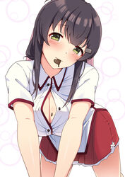  all_fours black_hair blush breasts bubble_background button_gap candy chocolate chocolate_on_body chocolate_on_breasts cleavage commentary_request female food food_in_mouth food_on_body green_eyes hair_ornament heart heart-shaped_chocolate highres large_breasts looking_at_viewer minoseki_gakuin_uniform motsutoko red_skirt skirt solo toji_no_miko white_background yanase_mai 