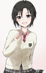  antenna_hair black_hair cardigan cardigan_schooler_(idolmaster) commentary female grey_eyes hand_up highres idolmaster idolmaster_(classic) idolmaster_2 idolmaster_million_live! idolmaster_million_live!_theater_days kikuchi_makoto looking_at_viewer miniskirt mogskg necktie open_mouth school_uniform short_hair simple_background skirt sleeves_past_wrists smile solo symbol-only_commentary upper_body 