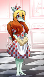  anthro appliance blue_body blush bodily_fluids cavemanon_studios clothed clothing crying dinosaur dress extinct fang_(gvh) female goodbye_volcano_high hair handwear hi_res kitchen kitchen_appliance long_hair looking_at_viewer orange_eyes oven oven_mitts prehistoric_species pterodactylus pterosaur red_hair reptile rexhastala scalie snoot_game solo tears window 