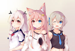  3girls ;d animal_ear_fluff animal_ears bare_shoulders black_sailor_collar black_shirt blue_bow blue_eyes blue_necktie bow breasts closed_mouth collarbone commentary_request crop_top fox_ears gradient_background grey_background grey_hair hair_between_eyes hairbow hand_up heterochromia highres long_hair long_sleeves looking_at_viewer low_twintails multiple_girls nagato-chan navel necktie off_shoulder one_eye_closed open_mouth original parted_lips pink_hair red_bow red_eyes sailor_collar sharp_teeth shirt sleeveless sleeveless_shirt sleeves_past_fingers sleeves_past_wrists small_breasts smile teeth twintails very_long_hair white_background white_shirt 