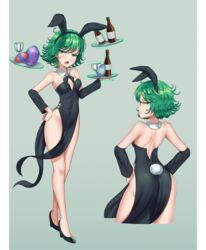  absurdres alcohol animal_ears averting_eyes bare_shoulders black_dress black_footwear black_ribbon black_sleeves bottle breasts cleavage commentary cropped_legs cup curly_hair detached_collar detached_sleeves dress drinking_glass easter_egg egg english_commentary fake_animal_ears fake_tail female flipped_hair floating floating_object from_behind green_eyes green_hair hands_on_own_hips high_heels highres holding holding_tray legs levitation looking_at_viewer mixed-language_commentary multiple_views neck_ribbon one-punch_man open_mouth parted_lips pietrosatou pillarboxed psychic rabbit_ears rabbit_tail ribbon side_slit small_breasts standing strapless strapless_dress tail tatsumaki telekinesis tray turning_head v-shaped_eyebrows wine wine_bottle wine_glass 