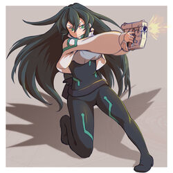  black_bodysuit bodysuit bodysuit_under_clothes female firing floating_hair green_eyes green_hair gun gundam gundam_build_divers gundam_build_divers_re:rise highres holding holding_gun holding_weapon looking_ahead may_(gundam_build_divers_re:rise) origami_yakko shrug_(clothing) solo v-shaped_eyebrows weapon 