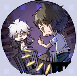  2boys ahoge brown_eyes bullet chibi danganronpa_(series) danganronpa_2:_goodbye_despair floating floating_object green_jacket green_necktie grey_hair grey_shirt hair_between_eyes highres hinata_hajime hood hood_down hooded_jacket jacket komaeda_nagito long_sleeves looking_at_another male_focus medium_hair multiple_boys necktie open_clothes open_jacket open_mouth pants shirt short_hair short_sleeves standing sweatdrop ziling 