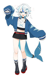  :d alternate_costume arm_up belt belt_buckle black_choker black_footwear black_shorts black_tank_top blue_eyes blue_hair blue_jacket boots buckle choker collarbone commentary_request crop_top cropped_jacket cross-laced_footwear female fins fish_skeleton_hair_ornament fish_tail full_body gawr_gura gotou_(nekocat) hair_ornament hairclip highres hololive hololive_english jacket lace-up_boots long_sleeves looking_at_viewer midriff multicolored_hair navel open_clothes open_jacket puffy_long_sleeves puffy_sleeves red_belt shark_tail sharp_teeth shirt short_shorts shorts simple_background sleeves_past_fingers sleeves_past_wrists smile socks solo standing streaked_hair tail tank_top teeth v-shaped_eyebrows virtual_youtuber white_background white_hair white_shirt white_socks x_hair_ornament 