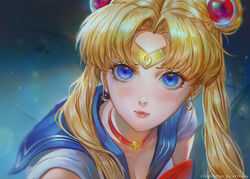  absurdres artist_name artofkuzu bishoujo_senshi_sailor_moon bishoujo_senshi_sailor_moon_s biting_own_lip blonde_hair blue_eyes blue_sailor_collar blush bow breasts choker circlet cleavage collarbone crescent crescent_earrings derivative_work diadem double_bun earrings eyelashes female hair_bun hair_ornament hair_over_shoulder heart heart_choker highres jewelry leotard lips long_hair looking_at_viewer magical_girl meme parted_bangs photoshop_(medium) red_bow red_choker red_lips sailor_collar sailor_moon sailor_moon_redraw_challenge_(meme) sailor_senshi_uniform screenshot_redraw short_sleeves solo sweatdrop tsukino_usagi twintails upper_body white_leotard 