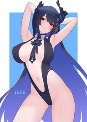  armpits arms_up artist_name asymmetrical_horns black_hair blue_hair breasts closed_mouth colored_inner_hair demon_horns female highleg hololive hololive_english horns jdpr large_breasts long_hair looking_at_viewer mole mole_under_eye multicolored_hair navel nerissa_ravencroft patreon_logo patreon_username red_eyes smile solo swimsuit thighs two-tone_background two-tone_hair uneven_horns virtual_youtuber web_address 