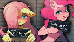  2023 astralblues barbie_and_ken_mugshot_meme blue_eyes blush chest_tuft digital_media_(artwork) duo ear_tuft earth_pony equid equine eyebrows eyelashes female feral fluttershy_(mlp) friendship_is_magic fur hair hasbro holding_object horse mammal mane meme mugshot my_little_pony mythological_creature mythological_equine mythology open_mouth open_smile pegasus pink_body pink_fur pink_hair pink_mane pinkie_pie_(mlp) pony smile teeth tuft using_wings wing_hold wings yellow_body yellow_fur 