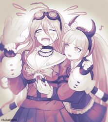  2girls ahoge bad_id bad_twitter_id barbed_wire blonde_hair bow breasts choker cleavage commentary_request danganronpa_(series) danganronpa_another_episode:_ultra_despair_girls danganronpa_v3:_killing_harmony dress fake_horns fingerless_gloves flying_sweatdrops gloves goggles goggles_on_head hair_between_eyes hair_ornament hairbow hajime_(gitoriokawaii) holding_another&#039;s_wrist horns iruma_miu large_breasts long_hair long_sleeves looking_at_another machine multiple_girls musical_note o-ring one_eye_closed open_mouth polka_dot polka_dot_bow school_uniform serafuku skirt twintails twitter_username utsugi_kotoko 