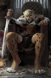  2021 4_toes 5_fingers adobe_photoshop_(artwork) anthro armor biped black_claws black_eyebrows black_nose black_spots blonde_hair blue_eyes bottomwear chair cheetah chunie claws clothing countershade_face countershade_feet countershade_fur countershade_legs countershading detailed_background digital_media_(artwork) digital_painting_(artwork) eyebrows fangs feet felid feline finger_claws fingers full-length_portrait fur furniture glistening glistening_claws glistening_nose hair hi_res holding_melee_weapon holding_object holding_sword holding_weapon inner_ear_fluff inside loincloth looking_at_viewer male mammal markings melee_weapon orange_body orange_fur portrait shaded signature sitting smile smirgel soft_shading solo spots spotted_body spotted_ears spotted_fur spotted_legs spotted_markings spotted_tail spread_legs spreading sword tail tail_around_neck tail_markings teeth throne toe_claws toes tuft viking weapon white_body white_countershading white_fur white_inner_ear_fluff 