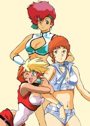  1980s_(style) 1990s_(style) breasts brown_eyes choker cleavage covered_navel crop_top dark_skin dirty_pair dirty_pair_(novels) dirty_pair_flash dyed_bangs earrings green_eyes green_headband headband holding_another&#039;s_arm jewelry kei_(dirty_pair) kei_(dirty_pair_flash) kei_(dirty_pair_novels) leotard looking_down midriff multiple_views name_connection navel one_eye_closed orange_hair red_hair retro_artstyle rx92 short_hair 