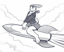  2020 4_toes 5_fingers anthro barefoot breasts cleavage clothed clothing digital_media_(artwork) eyebrows eyelashes feet female fingers lagomorph leporid mammal monochrome rabbit rocket rocket_ship smile solo tenynn toes 