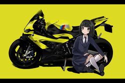  black_eyes black_footwear black_hair black_jacket black_necktie black_skirt blush bmw bmw_m1000rr collared_shirt commission crossed_arms female flat_chest highres jacket koguma_(super_cub) letterboxed motor_vehicle motorcycle necktie nougat_(73r1r1) shadow shirt short_hair sitting skirt socks super_cub vehicle_focus white_shirt white_socks 