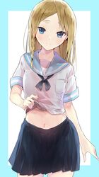  black_neckwear black_skirt blonde_hair blue_background blue_eyes blue_sailor_collar blush braid closed_mouth clothes_lift commentary_request female hair_down hayasaka_ai haysaca_a._smithee head_tilt highres kaguya-sama_wa_kokurasetai_~tensai-tachi_no_renai_zunousen~ lifting_own_clothes long_hair midriff navel parted_bangs pleated_skirt sailor_collar school_uniform serafuku shirt shirt_lift short_sleeves side_braid single_braid skirt smile solo tomozero two-tone_background white_background white_shirt 