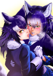  2girls absurdres aburaeoyaji animal_ear_fluff animal_ears black_hair blue_eyes blue_lips blush cheek-to-cheek dire_wolf_(kemono_friends) forked_eyebrows fur_collar gloves grey_hair grey_wolf_(kemono_friends) hair_between_eyes hand_on_another&#039;s_waist heads_together heterochromia highres holding_hands interlocked_fingers jacket kemono_friends light_brown_hair lips lipstick long_sleeves looking_at_viewer makeup multicolored_hair multiple_girls necktie parted_lips plaid plaid_necktie plaid_skirt purple_hair red_lips skirt tail tan upper_body white_gloves wolf_ears wolf_girl wolf_tail yellow_eyes 