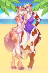  beach blonde_hair blue_eyes blush bovid bovine breasts canid canine cattle clothed clothing curvy_figure deer dessert duo female food fox hair hi_res hourglass_figure hybrid ice_cream knight_dd mammal meuna one-piece_swimsuit outside sarimoo seaside small_waist swimwear wide_hips 