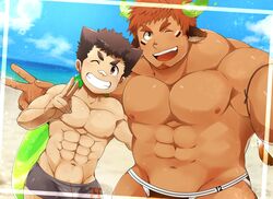  2boys abs animal_ears bara beach blush brown_eyes brown_hair brown_male_underwear bulge commission cow_boy cow_ears dark-skinned_male dark_skin eye_black facial_hair fiery_horns forked_eyebrows glowing_horns goatee highres horns jockstrap kontahsm large_pectorals male_focus male_swimwear male_underwear multiple_boys muscular muscular_male nipples official_alternate_costume outdoors pectorals plump protagonist_1_(housamo) short_hair sideburns size_difference skeb_commission spiked_hair stomach stubble summer swim_briefs thick_eyebrows tokyo_afterschool_summoners topless_male underwear v wakan_tanka wakan_tanka_(fashionista_swimsuit) yaoi 