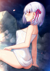  ass back bare_shoulders blush breasts earrings fate/grand_order fate_(series) female hair_ribbon horosuke jewelry kama_(fate) looking_at_viewer looking_back naked_towel onsen open_mouth petals red_eyes ribbon rock short_hair sitting small_breasts smile soaking_feet solo steam thighs towel water wet white_hair 