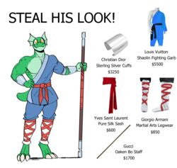  2023 3_toes 5_fingers 60percentscalie anthro belt blue_clothing bo_staff clothed clothing derp_eyes english_text expensive fashion featureless_chest feet fingers green_body green_scales green_skin gucci hand_on_hip hi_res male martial_arts_uniform meme muscular muscular_anthro muscular_male price red_belt reptile scales scalie simple_background solo sportswear staff standing steal_his_look text toes white_background yellow_eyes 