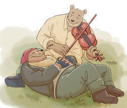  2023 absurd_res anthro bear black_nose bolero_(ernest_and_celestine) bottomwear brown_body clothing duo ernest_(ernest_and_celestine) ernest_and_celestine hat headgear headwear hi_res humanoid_hands jackiry lying male male/male mammal musical_instrument overweight overweight_male pants shirt topwear 