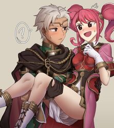  1boy :d absurdres armor bare_legs blush boey_(fire_emblem) breastplate brown_eyes cape carrying circlet dark-skinned_male dark_skin ebinku female fire_emblem fire_emblem_echoes:_shadows_of_valentia gloves grey_background highres mae_(fire_emblem) one_eye_closed open_mouth pink_hair princess_carry smile straight sweatdrop twintails white_hair 