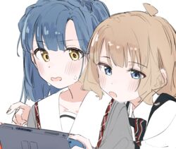  2girls :o absurdres ahoge blue_eyes blue_hair blunt_bangs blunt_ends blush braid close-up crown_braid d: dark_blue_hair ears_visible_through_hair elementary_schoolmate_(idolmaster) eyes_visible_through_hair french_braid from_side furrowed_brow game_console half-closed_eyes hand_up handheld_game_console head_on_another&#039;s_shoulder highres holding holding_handheld_game_console idolmaster idolmaster_million_live! joy-con junior_high_schoolmate_(idolmaster) light_brown_hair looking_down meeeeeeco359 multiple_girls nanao_yuriko nintendo_switch open_mouth parted_bangs playing_games pointing sailor_collar short_hair side-by-side simple_background suou_momoko sweat swept_bangs uniform_series_(idolmaster) upper_body white_background white_sailor_collar wing_collar yellow_eyes 