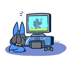  2021 anthro ass blue_body blue_ears blue_tail controller day-t game_console game_controller hi_res lucario melee_weapon multicolored_body nintendo pok&eacute;mon_(species) pokemon rear_view signature sword television video_games weapon yellow_body 