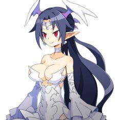  bare_shoulders black_hair breasts choker cleavage closed_mouth collarbone cowboy_shot detached_sleeves disgaea dress earrings female harada_takehito head_wings heart heart_earrings jewelry large_breasts long_hair makai_senki_disgaea_6 melodia_(disgaea) official_art pointy_ears red_eyes smile solo transparent_background white_choker white_dress white_sleeves wings 