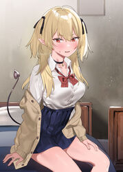  bed blonde_hair blue_skirt blush bow breasts brown_cardigan cardigan collared_shirt commentary_request demon_tail dress_shirt female hair_between_eyes highres indoors long_hair long_sleeves looking_at_viewer medium_breasts oerba_yun_fang off_shoulder on_bed open_cardigan open_clothes original parted_lips pillow pleated_skirt pointy_ears red_bow red_eyes shirt sitting skirt sleeves_past_wrists solo subachi sweat tail two_side_up white_shirt 