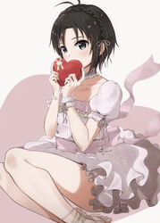  antenna_hair black_hair box box_of_chocolates choker dress female frilled_dress frills grey_eyes hair_ribbon heart highres idolmaster idolmaster_(classic) idolmaster_2 kikuchi_makoto mogskg ribbon short_hair short_sleeves solo valentine white_dress 