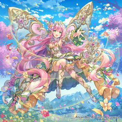  blue_sky breasts cenia cleavage copyright_name detached_sleeves female flower green_eyes long_hair looking_at_viewer official_art open_mouth photoshop_(medium) pink_hair sky solo teeth upper_teeth_only valkyrie_connect white_footwear wings yeonwa 