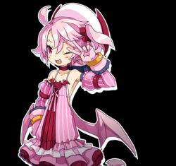  ;d ahoge bra choker collarbone cowboy_shot detached_sleeves disgaea dress female frilled_dress frills gloves harada_takehito hat looking_away majolaine_(disgaea) makai_senki_disgaea_6 one_eye_closed open_mouth pink_dress pink_gloves pink_hair pink_sleeves pink_wings red_choker red_eyes short_hair side_ponytail smile solo striped underwear vertical_stripes white_bra white_hat wings 