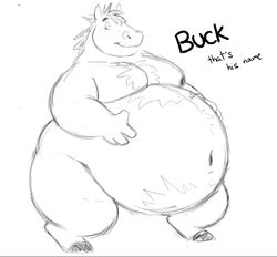  2020 anthro belly big_belly buck_(praceph) equid equine fur half-closed_eyes hand_on_belly hooves horse looking_aside male mammal monochrome mouth_closed narrowed_eyes navel nude obese obese_anthro obese_male overweight overweight_anthro overweight_male praceph smile solo standing text 