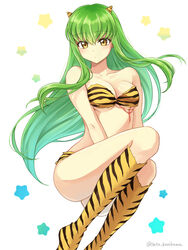  animal_print bare_arms between_legs blush bra c.c. closed_mouth code_geass collarbone commentary_request cosplay female floating_hair full_body green_hair hair_between_eyes hair_ornament hand_between_legs highres long_hair lum lum_(cosplay) print_bra print_socks setu_kurokawa socks solo strapless strapless_bra striped_bra striped_clothes tiger_panties tiger_print underwear underwear_only urusei_yatsura very_long_hair yellow_bra yellow_eyes yellow_socks 