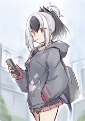  absurdres backpack bag blue_archive blush brown_eyes candy cellphone closed_mouth commentary_request cowboy_shot day earclip female food grey_hair grey_hoodie hair_between_eyes hand_in_pocket hand_up highres holding holding_phone hood hood_down hoodie jewelry kayoko_(blue_archive) kurokaze_no_sora light_blush lollipop long_hair long_sleeves looking_at_phone looking_away miniskirt mouth_hold multicolored_hair outdoors phone pink_skirt pleated_skirt ponytail sidelocks skirt sky sleeves_past_wrists smartphone solo two-tone_hair 