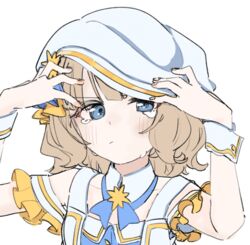  :/ absurdres adjusting_clothes adjusting_headwear arms_up bare_shoulders blue_eyes blunt_bangs blush close-up closed_mouth collarbone crying crying_with_eyes_open detached_collar detached_sleeves female frilled_sleeves frills frown hand_on_headwear highres idolmaster idolmaster_million_live! light_brown_hair looking_at_viewer meeeeeeco359 off_shoulder sad short_hair simple_background solo suou_momoko tears upper_body v-shaped_eyebrows wavy_hair white_background wrist_cuffs 