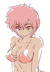  breasts dark-skinned_female dark_skin dirty_pair female kei_(dirty_pair) large_breasts okuri_ookami red_eyes red_hair retro_artstyle short_hair solo swimsuit tan white_background 