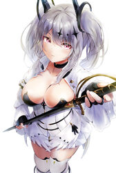  azur_lane black_choker black_gloves breasts center_opening choker cleavage collarbone dress feet_out_of_frame female fingerless_gloves framed_breasts from_above gloves grey_hair highres holding holding_sword holding_weapon joffre_(azur_lane) long_hair long_sleeves looking_at_viewer medium_breasts okame._(okame124) purple_eyes simple_background solo standing sword thighhighs twintails weapon white_background white_dress white_thighhighs 