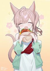  ahoge animal_ears antenna_hair bag bare_shoulders bitten brown_hair burger casual_attire_(ff14) closed_eyes commentary crumbs fangs fanny_pack female final_fantasy final_fantasy_xiv flower_(symbol) food food_bite funa_(sakana) highres holding holding_food jacket long_sleeves miqo&#039;te open_mouth patch puffy_sleeves smile solo sparkle tail upper_body warrior_of_light_(ff14) yellow_background 