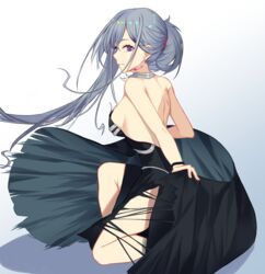  ak-12_(girls&#039;_frontline) ak-12_(quiet_azure)_(girls&#039;_frontline) back blue_dress bracelet breasts closed_mouth dress earrings female from_side girls&#039;_frontline gradient_hair grey_hair hair_up halterneck highres holding holding_clothes holding_skirt jewelry long_hair multicolored_hair on_one_knee purple_eyes sideboob sidelocks skirt solo squatting talnory thighs unusually_open_eyes very_long_hair 