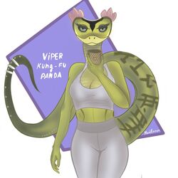  1:1 anthro anthrofied bottomwear breasts clothed clothing dreamworks female hardenonn hi_res kung_fu_panda looking_at_viewer lotos master_viper pants reptile scalie snake solo sportswear viper 