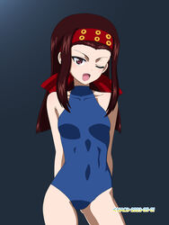  ;d arms_behind_back artist_name blue_background blue_one-piece_swimsuit brown_eyes brown_hair commentary covered_navel cowboy_shot dated female girls_und_panzer halterneck headband highres long_hair looking_at_viewer naotosi one-piece_swimsuit one_eye_closed open_mouth red_headband saemonza_(girls_und_panzer) sanada_clan_(emblem) school_swimsuit simple_background smile solo standing straight_hair swimsuit 