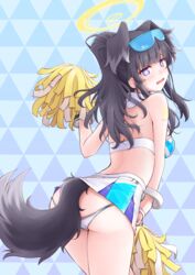  animal_ears ass bare_shoulders bent_over black_hair blue_archive blush breasts cheerleader cowboy_shot extra_ears eyewear_on_head female from_behind halo hibiki_(blue_archive) hibiki_(cheer_squad)_(blue_archive) highres holding holding_pom_poms long_hair looking_at_viewer medium_breasts meihemu millennium_cheerleader_outfit_(blue_archive) miniskirt official_alternate_costume open_mouth panties pom_pom_(cheerleading) ponytail skirt sleeveless solo sticker_on_arm sunglasses tail thighs tiles underwear white_panties 