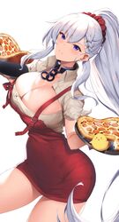  absurdres apron azur_lane belfast_(azur_lane) belfast_(piping-hot_perfection)_(azur_lane) blue_eyes blush breasts chains cleavage collar collarbone commentary_request female food hair_ornament hairclip highres large_breasts long_hair looking_at_viewer metal_collar official_alternate_costume parted_lips pizza ponytail raiou red_apron short_sleeves simple_background smile solo thighs tray white_background white_hair 