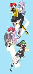  &gt;:) 4girls aiba_ami ass bike_shorts binary black_bra black_footwear blue_background blue_dress blue_eyes blue_scrunchie boots bra breasts cleavage cross-laced_clothes digimon digimon_story:_cyber_sleuth digimon_story:_cyber_sleuth_-_hacker&#039;s_memory dress full_body garter_straps glasses green_hair happy high_heels highres jacket jewelry lace lace-trimmed_bra lace_trim large_breasts looking_at_viewer medium_breasts mikagura_mirei multiple_girls necklace official_art pigeon-toed pink_jacket print_dress red_hair salute scrunchie shinomiya_rina shiny_skin shiramine_nokia shoes side_ponytail simple_background skirt thighhighs twintails underwear v-shaped_eyebrows yasuda_suzuhito zettai_ryouiki 