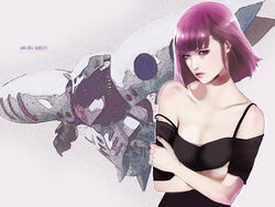  bare_shoulders black_shirt blue_eyes breasts closed_mouth collarbone crossed_arms ebba female gundam gundam_zz haman_karn lips looking_at_viewer mecha medium_breasts mole mole_on_body off-shoulder_shirt off_shoulder photoshop_(medium) purple_eyes purple_hair qubeley robot shirt short_hair short_sleeves simple_background strap_slip upper_body zeta_gundam 