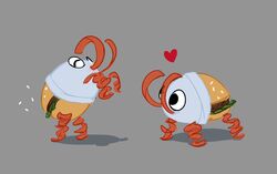  1other absurdres black_eyes bug bugsnax bunger burger closed_eyes commentary_request curly_fries food food_wrapper grey_background happy heart highres lettuce looking_at_another meat rearing seed sesame_seeds shadow simple_background yumkrill 