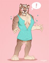  2020 4_toes 5_fingers anthro blush breasts cleavage clothed clothing digital_media_(artwork) dress extinct feet felid female fingers fur mammal muscular muscular_female plantigrade prehistoric_species saber-toothed_tiger solo standing surprise tenynn toes torn_clothing wardrobe_malfunction 